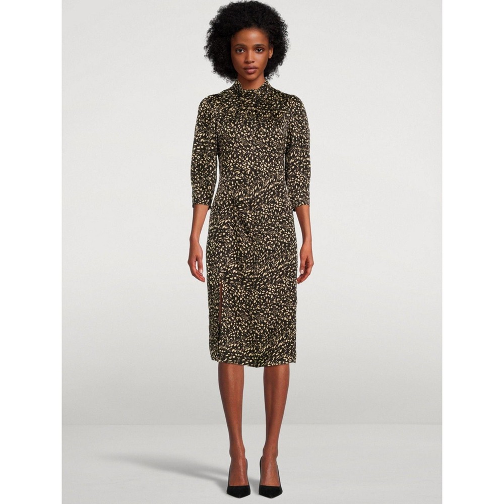 ba&sh Edmee Dress Women Size L Black Animal Print Midi Slit Edmee New